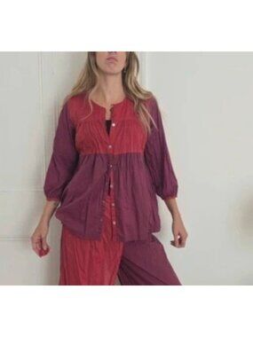 Gudrun Sjödén XL Haiku Colorblock Purple Pink Blouse Organic Cotton Lagenlook